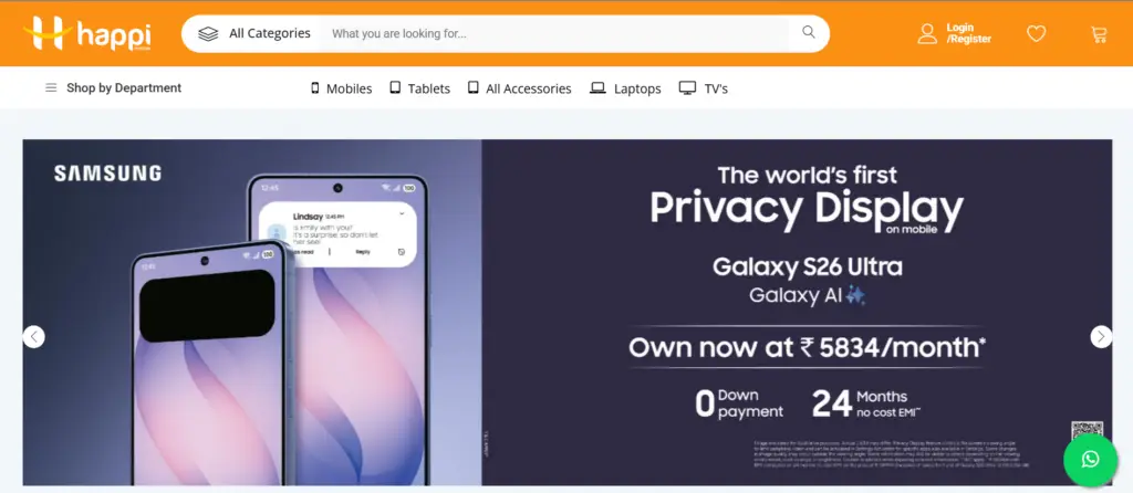 Ecommerce mobile store website homepage design with product banner slider and category navigation UI