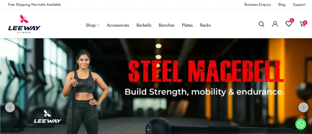 Gym equipment ecommerce website homepage design with fitness product categories and promotional banner slider